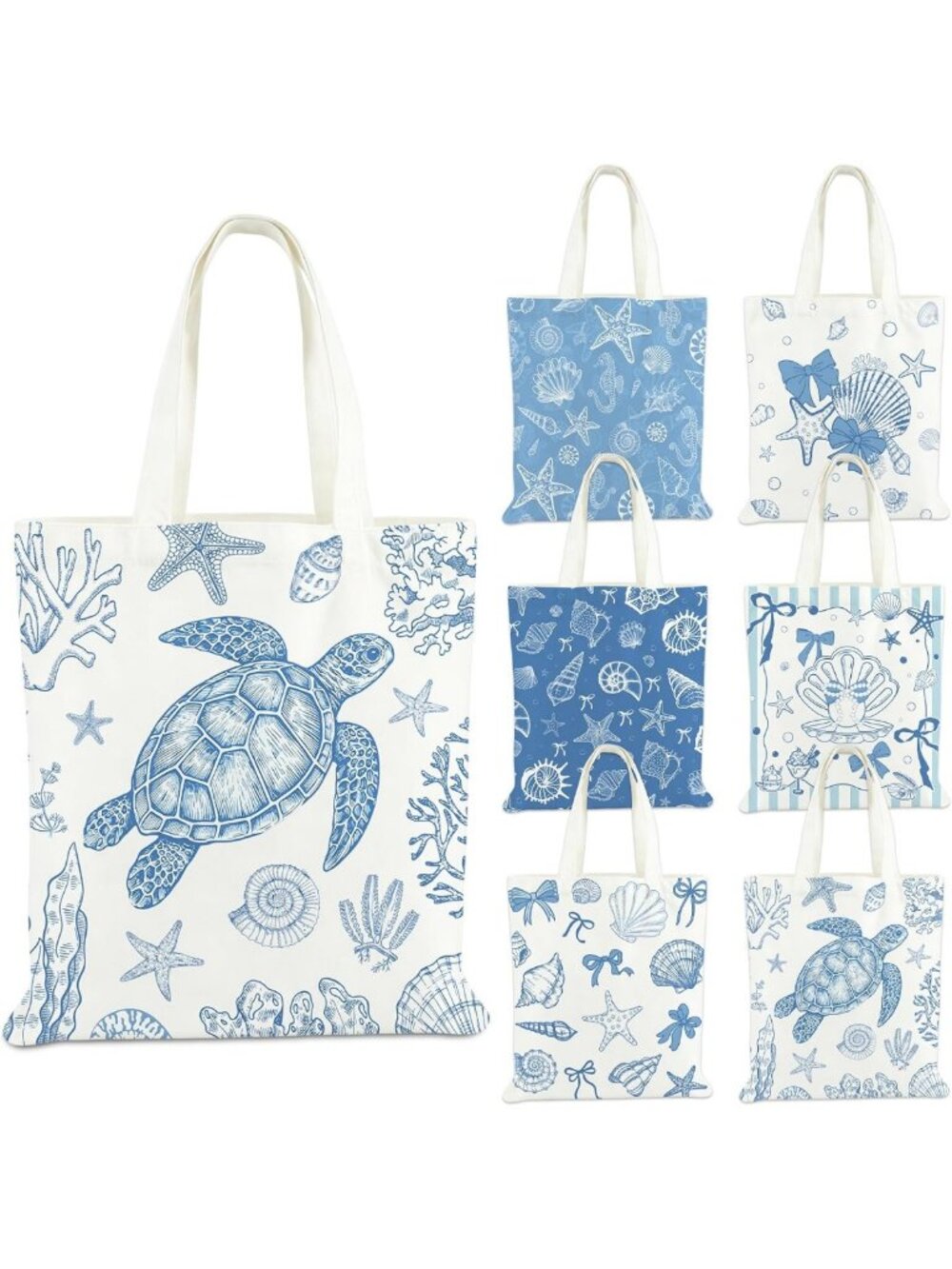 Coastal Canvas Tote Bags Set of 6 - Blue Bow Seashell Reusable Beach & Grocery